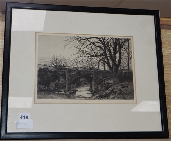 A Victorian etching of a stone bridge, dated 1882, 19 x 28cm